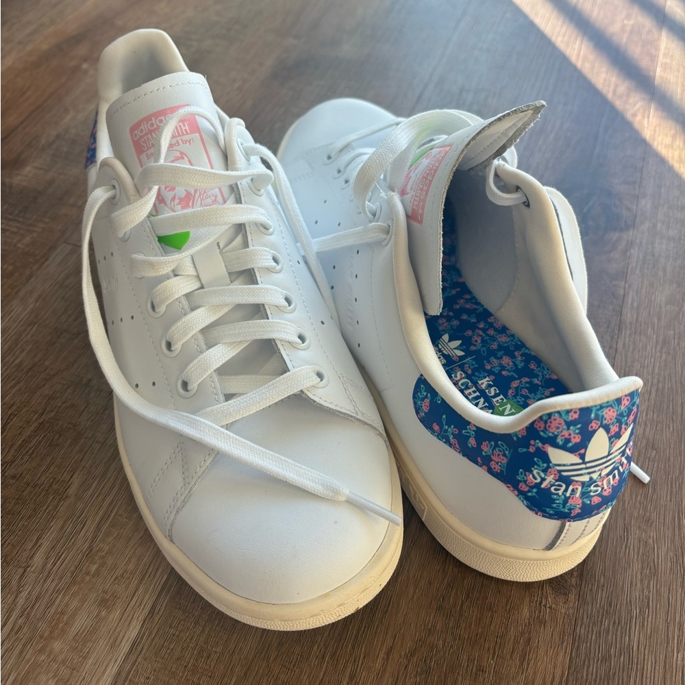 Adidas Stan Smith White Sneakers with Blue & Pink Floral Details